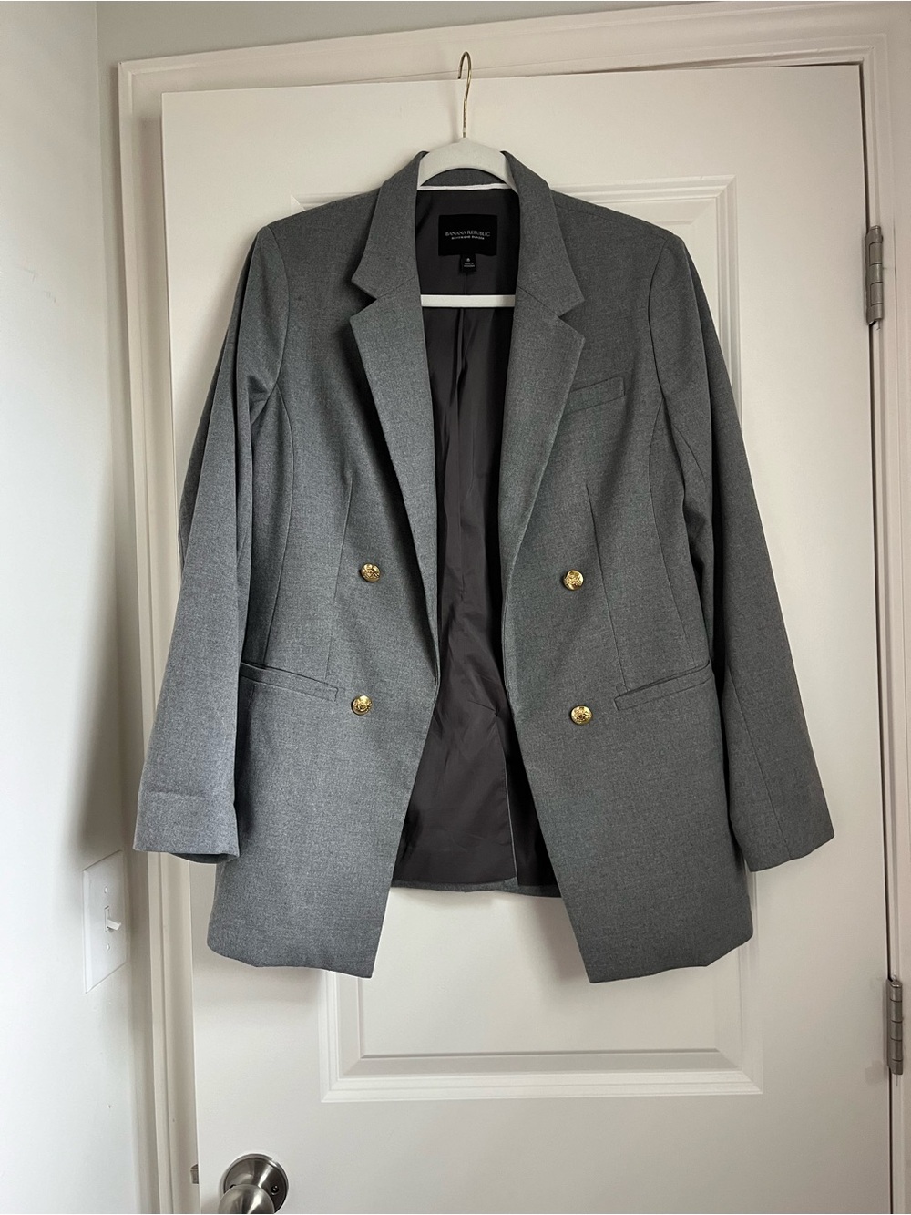 Banana Republic Gray Double-Breasted Blazer with Gold Buttons